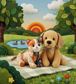 Knitted toy cat and dog sitting on blanket in stylized garden scene with rainbow