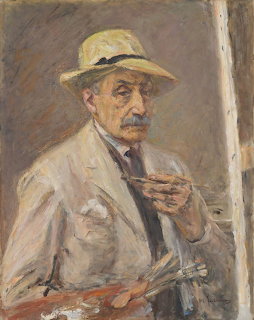Painting of an elderly man in a straw hat and light jacket holding a paintbrush at an easel