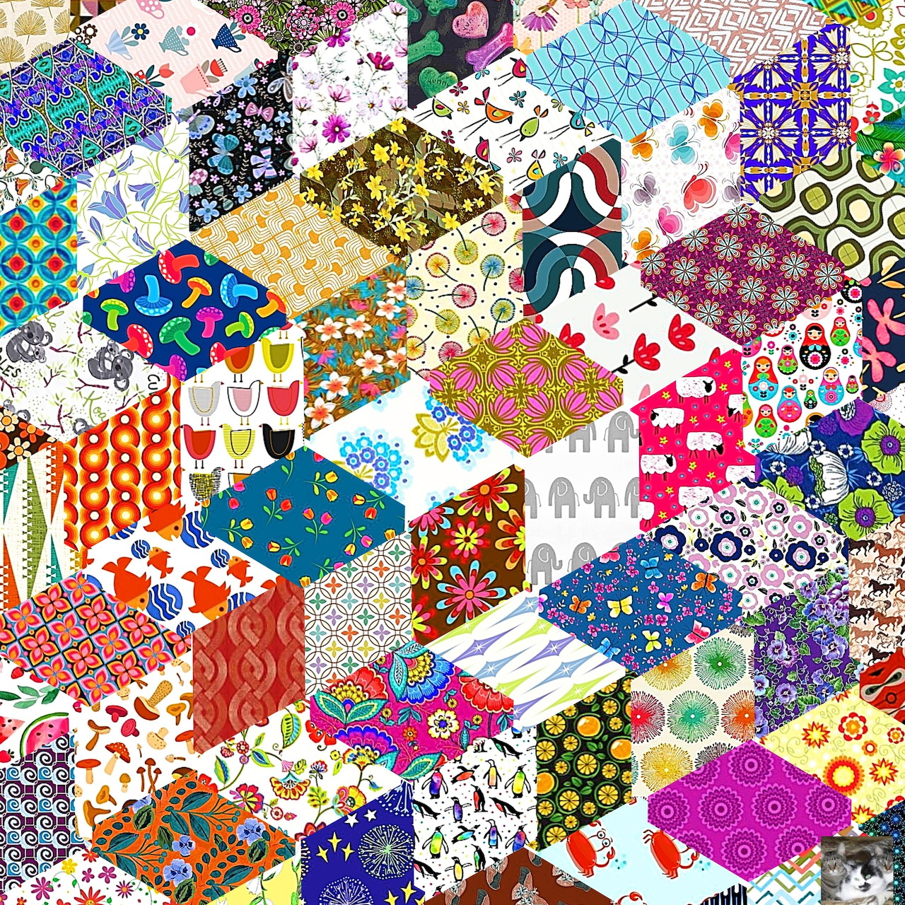 Colorful hexagonal patchwork quilt with diverse patterns and vibrant fabric designs arranged in a mosaic layout