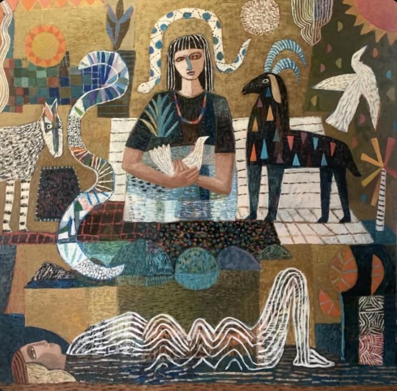 Stylized woman with doves, snakes, and Egyptian figures in decorative collage art