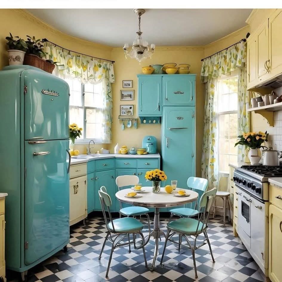 Vintage kitchen with turquoise refrigerator, white dining table, chrome chairs, and black-white checkered floor