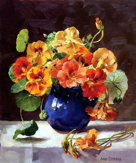 Oil painting of orange nasturtiums in blue vase with dark background