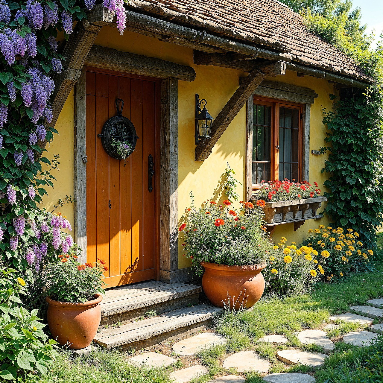 Yellow cottage entrance with purple wisteria, flower pots, and stone path in sunny garden