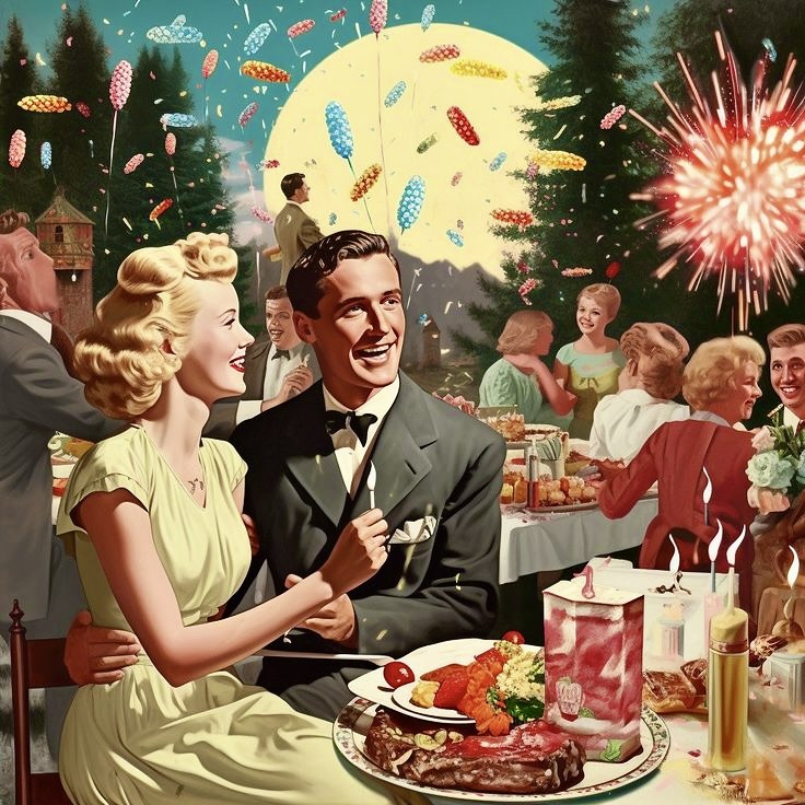 Retro illustration of couple at outdoor party with fireworks and celebration food