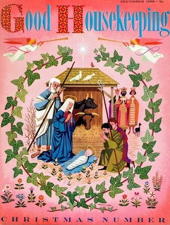 1958 Good Housekeeping Christmas magazine cover with nativity scene surrounded by holly wreath