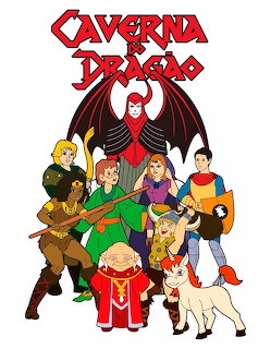 Cartoon group illustration of Caverna do Dragão characters with a unicorn and dark winged villain above them