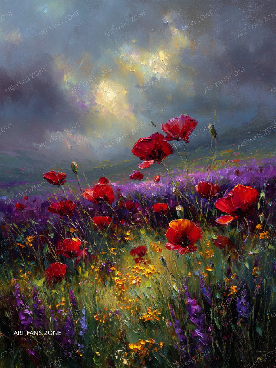 Painting of red poppies and purple wildflowers in a meadow under dramatic cloudy sky