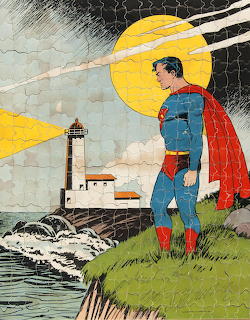 Superman in blue suit and red cape standing on grassy cliff with lighthouse and yellow moon in vintage comic art style