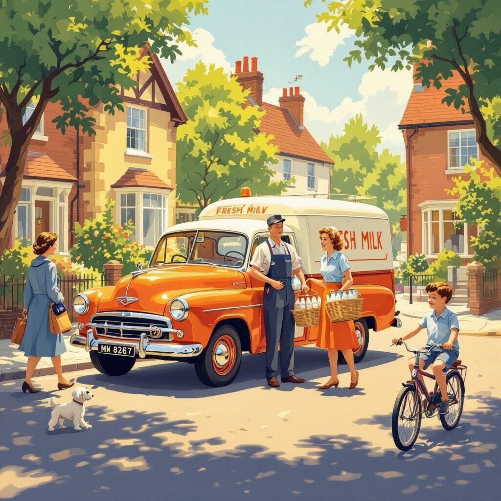 Vintage milkman delivering bottles to family beside orange truck on sunny suburban street with brick houses