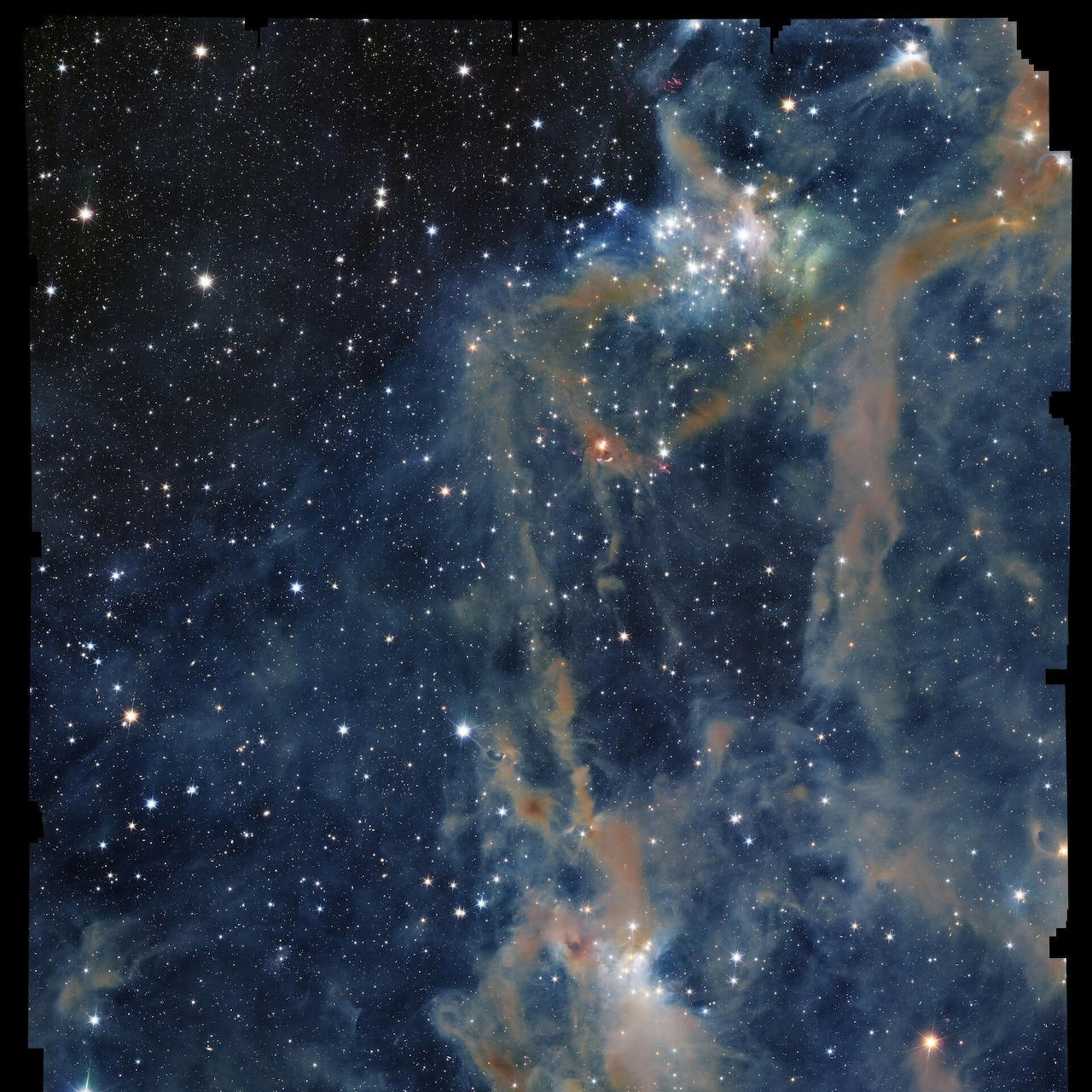 Cosmic nebula with blue and orange gas clouds and scattered stars in deep space