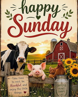 Farm animals including cow, pig, and chicken with red barn, sunflowers, and Happy Sunday text on rustic background
