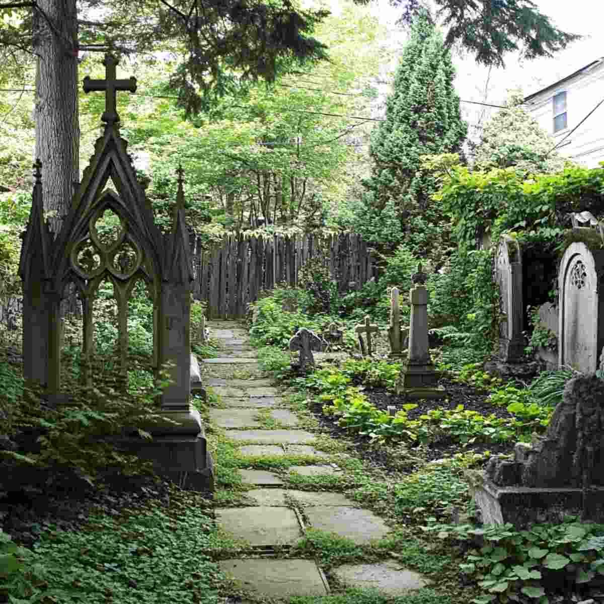 Stone path through a leafy garden cemetery with gothic tombstones and trees