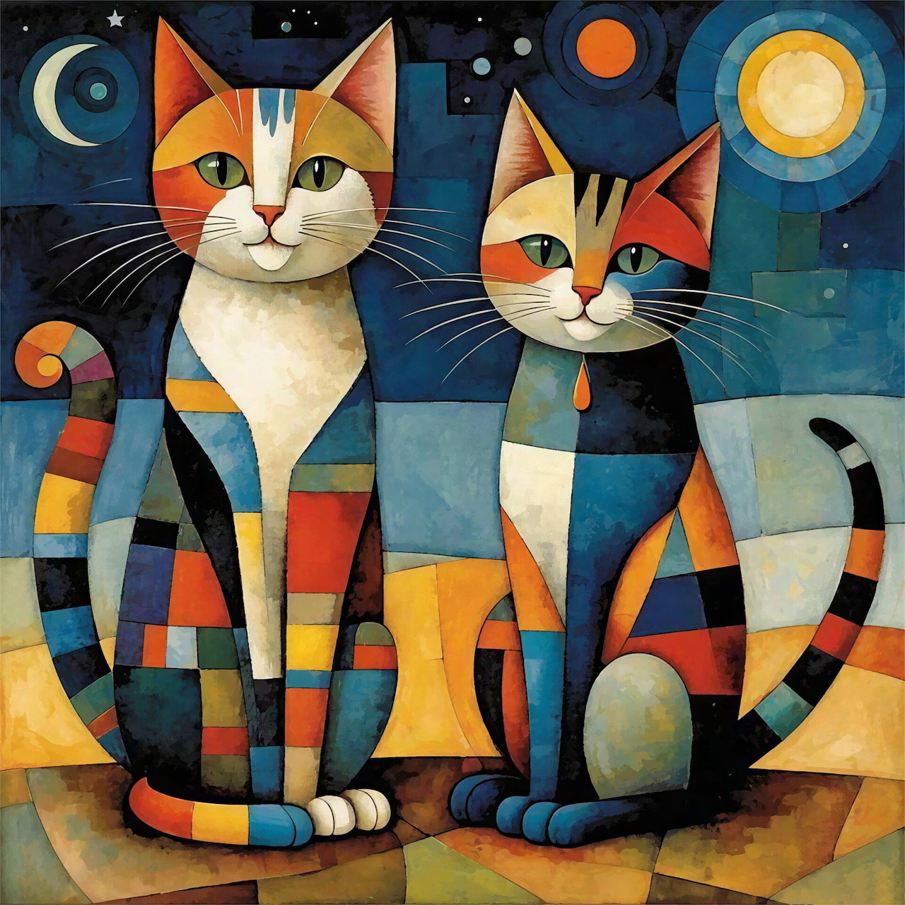 Two geometric art deco cats with colorful striped patterns against night sky with moon and sun