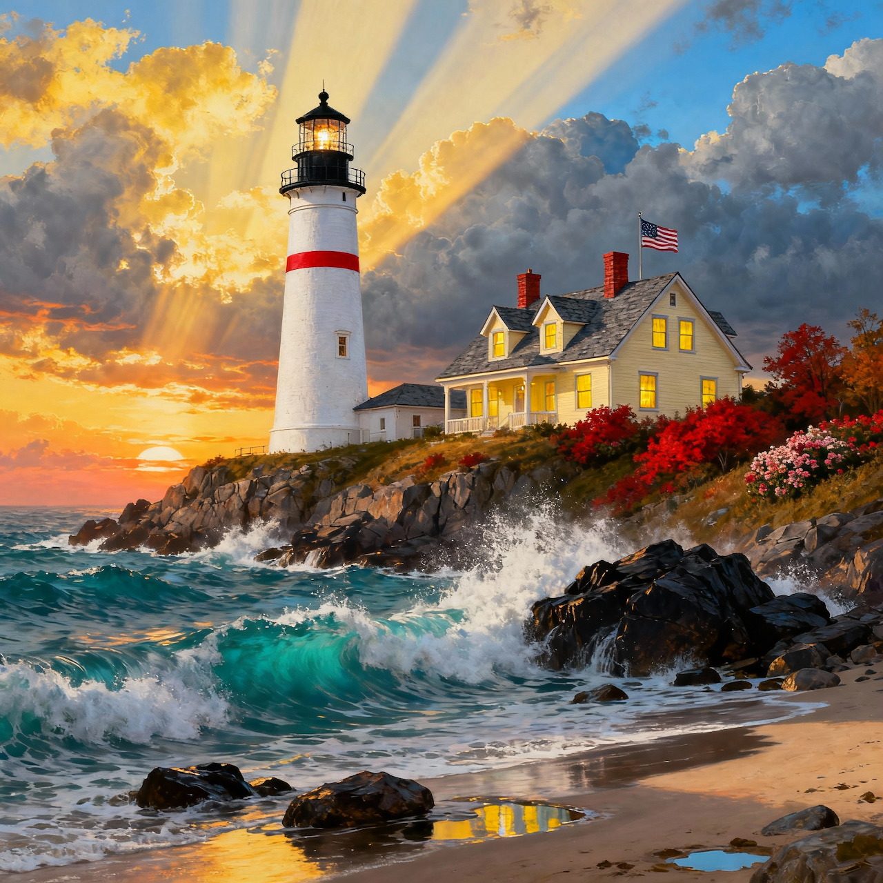 Red and white lighthouse on rocky cliff with crashing waves and sunset sky