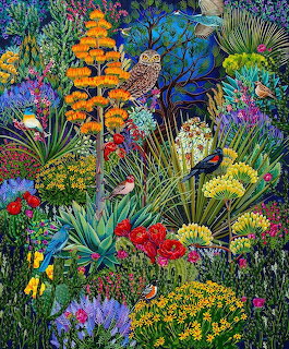 Colorful garden painting with bright flowers, dense green foliage, and several small birds