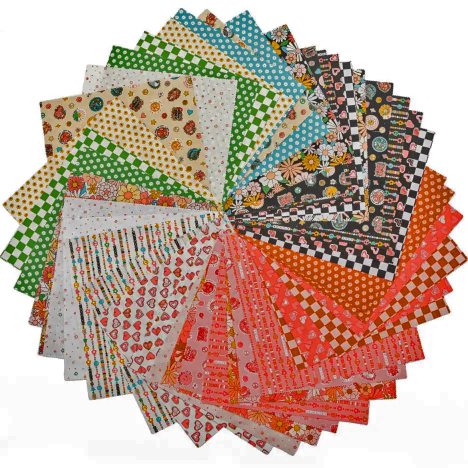 Colorful fabric swatches arranged in circular fan pattern with various printed designs