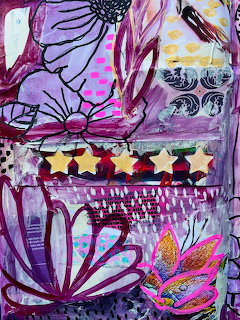 Abstract collage with purple flowers, butterflies, and layered geometric patterns in pink and yellow