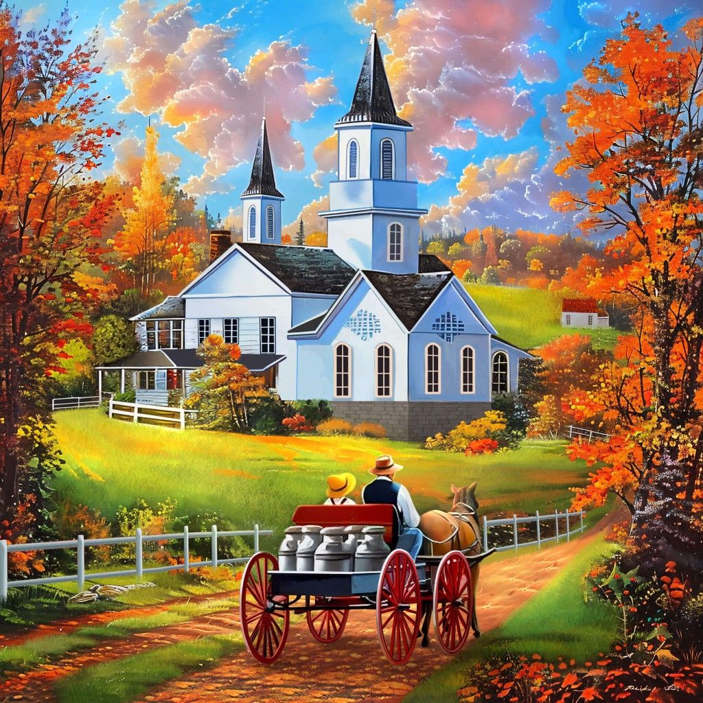 White church with two steeples on autumn hillside, horse-drawn wagon on path, vibrant fall colors