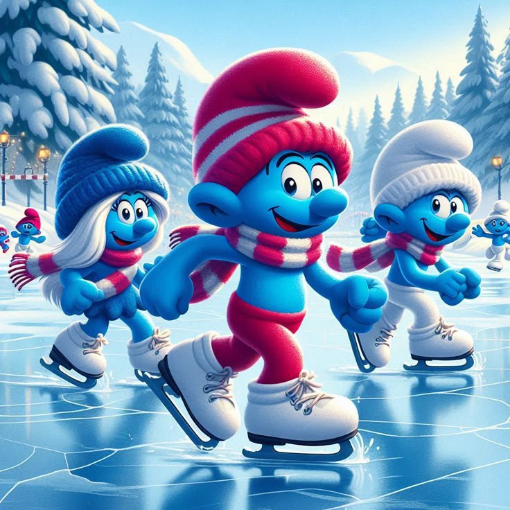 Three cartoon Smurfs ice skating on frozen pond in snowy winter landscape