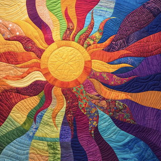 Colorful quilt pattern with a central sun and swirling rainbow rays