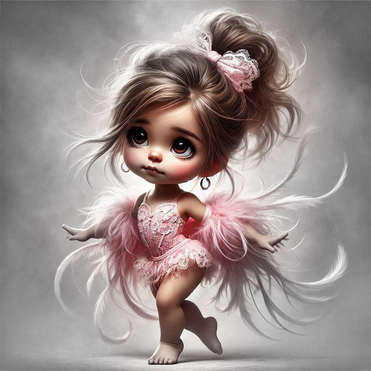 Stylized big-eyed girl in a pink feather dress with a messy bun on a soft gray background