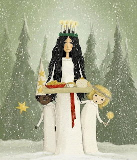 Saint Lucia figure in white dress with candle crown in snowy forest