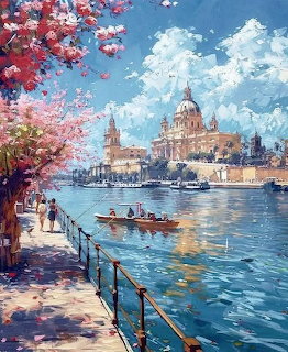 Painting of cathedral by water with pink cherry blossoms and boats under blue sky