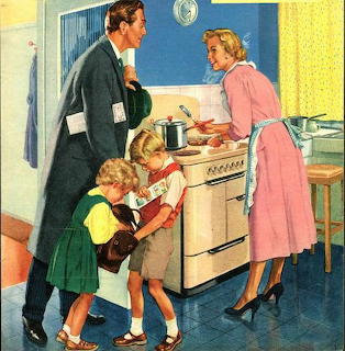 Vintage illustration of a 1950s family in a kitchen with mother cooking at a stove