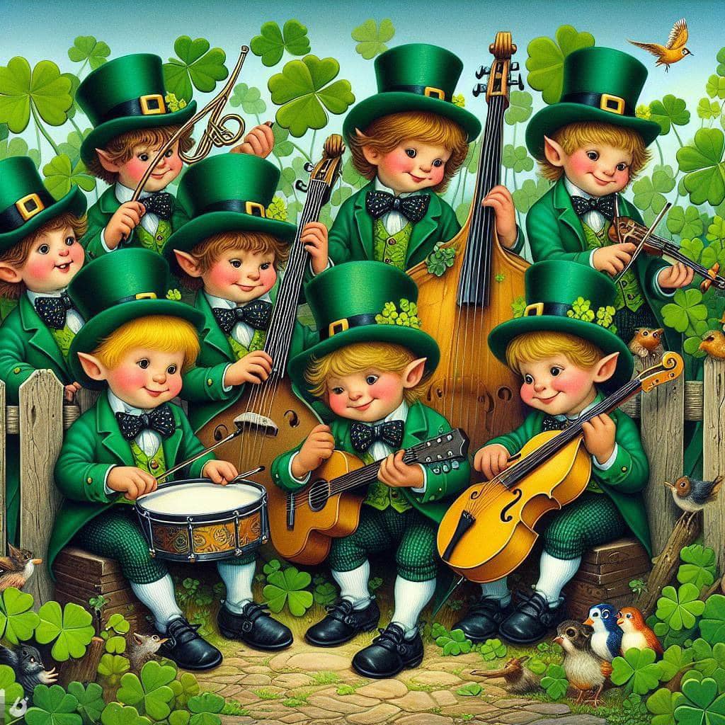 Cartoon leprechauns in green outfits playing guitars, drums, and other instruments with shamrock background