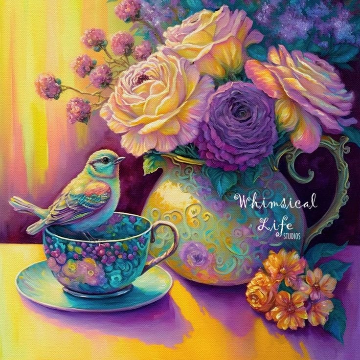 Colorful fantasy art with bird on teacup, yellow and purple roses, swirling patterns