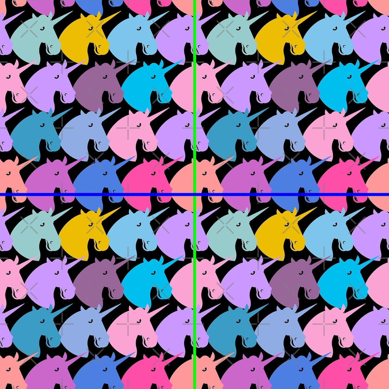 Colorful repeating pattern of unicorn head silhouettes in various bright colors on black background