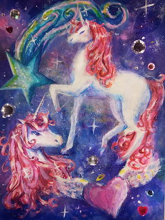 Two white unicorns with colorful manes floating in a magical starry space scene with planets and nebula