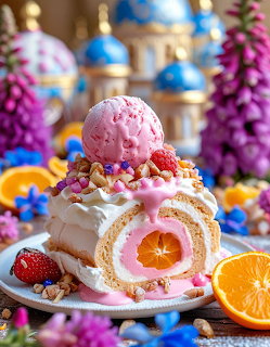 Pink-filled roll cake topped with strawberry ice cream, whipped cream, and fresh fruit on a white plate