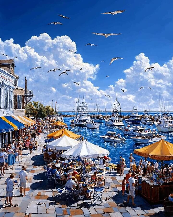 Painting of a busy harbour with boats, market umbrellas, seagulls, and crowds on a sunny waterfront.