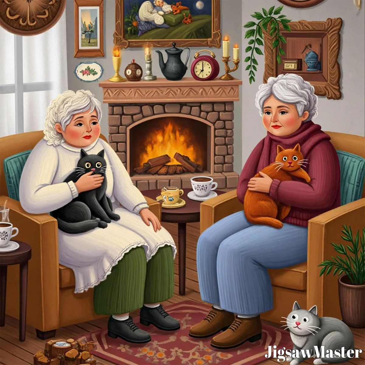 Two elderly women with cats sitting by fireplace in cozy room