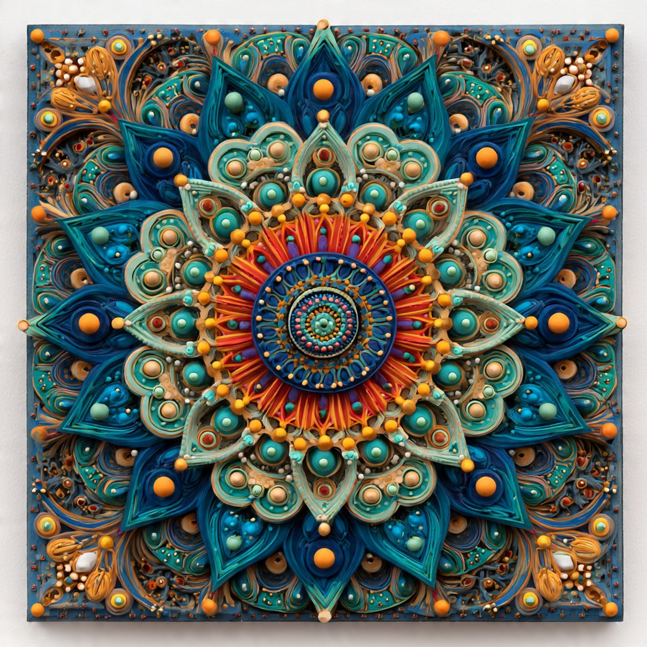 Symmetrical mandala with teal petals, orange accents, and gold spheres in ornate layered design