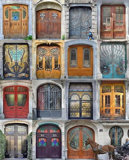 Collage of sixteen ornate antique doors with stained glass, carved wood panels, and decorative metalwork