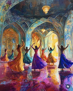 Painting of women in colorful dresses dancing in an ornate arched hall with warm golden light