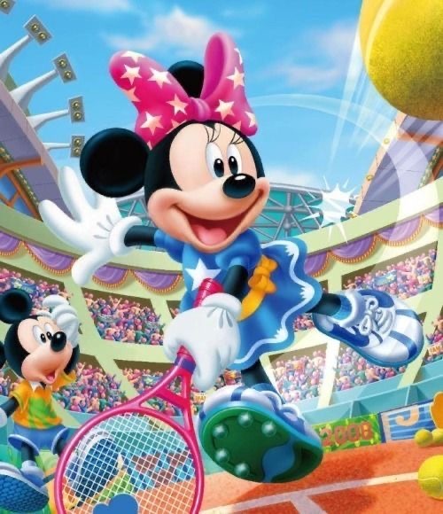 Minnie Mouse jumping with tennis racket to hit yellow ball in stadium with crowd