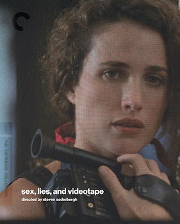 Close-up of a woman with curly hair on a film cover titled sex, lies, and videotape
