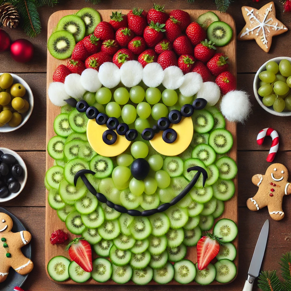 Fruit platter arranged as Grinch face with kiwi slices, green grapes, strawberries, and marshmallows