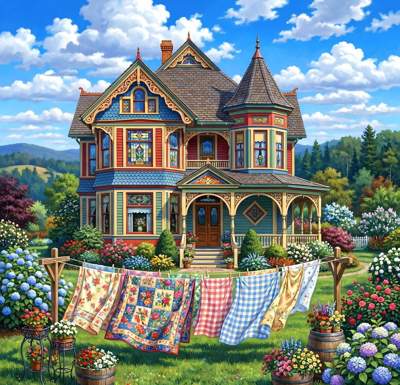 Ornate Victorian house with quilts on clothesline in blooming garden