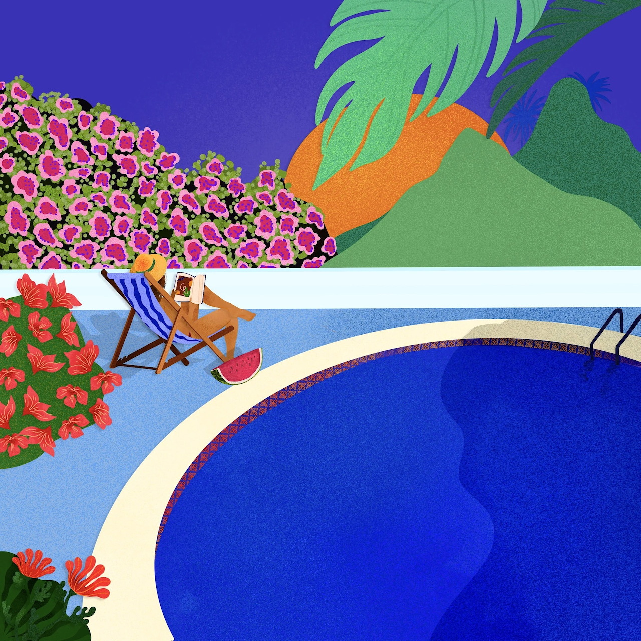 Colorful illustration of Greek poolside terrace with flowers, palm tree, and lounge chair