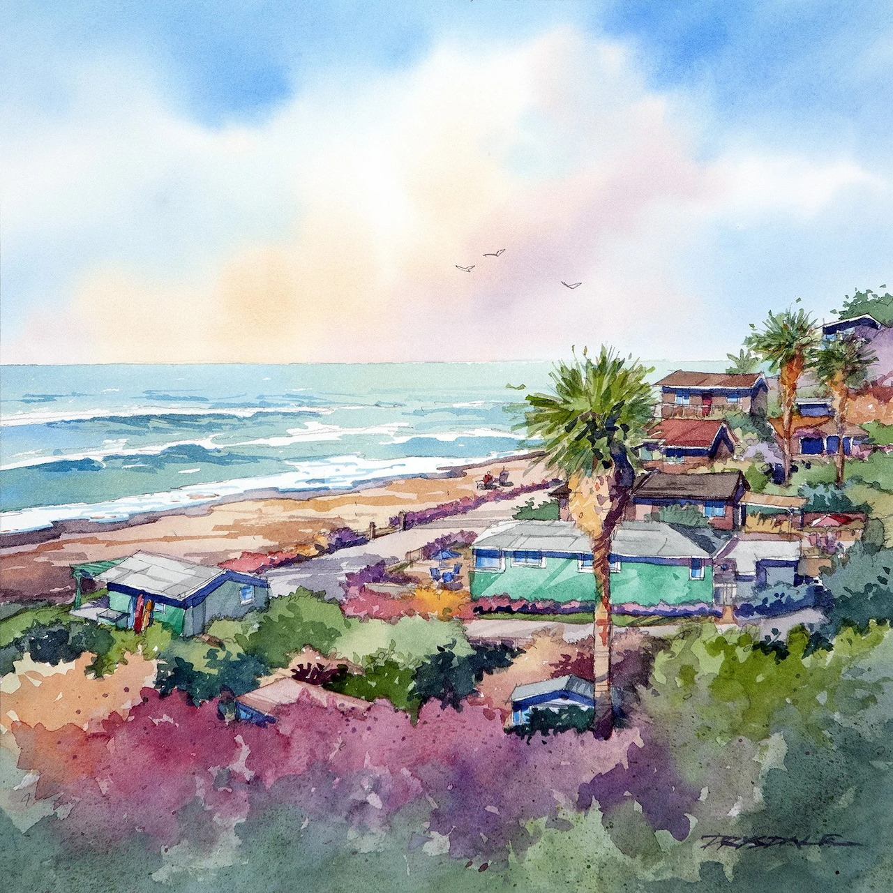Watercolor painting of California coast with palm tree, beach houses, ocean, and flowering plants
