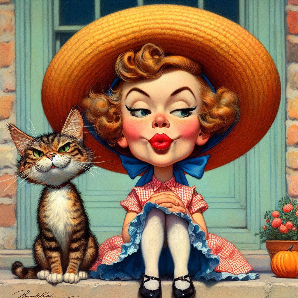 Stylized 3D caricature of woman in large straw hat sitting with orange tabby cat on porch