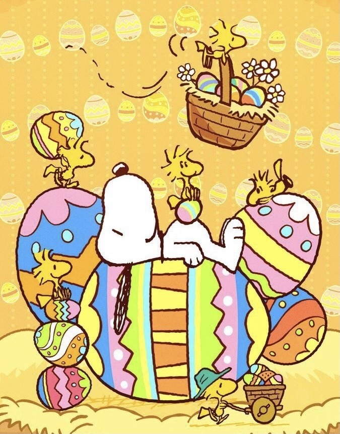 Snoopy and Woodstock with decorated Easter eggs and basket on yellow background