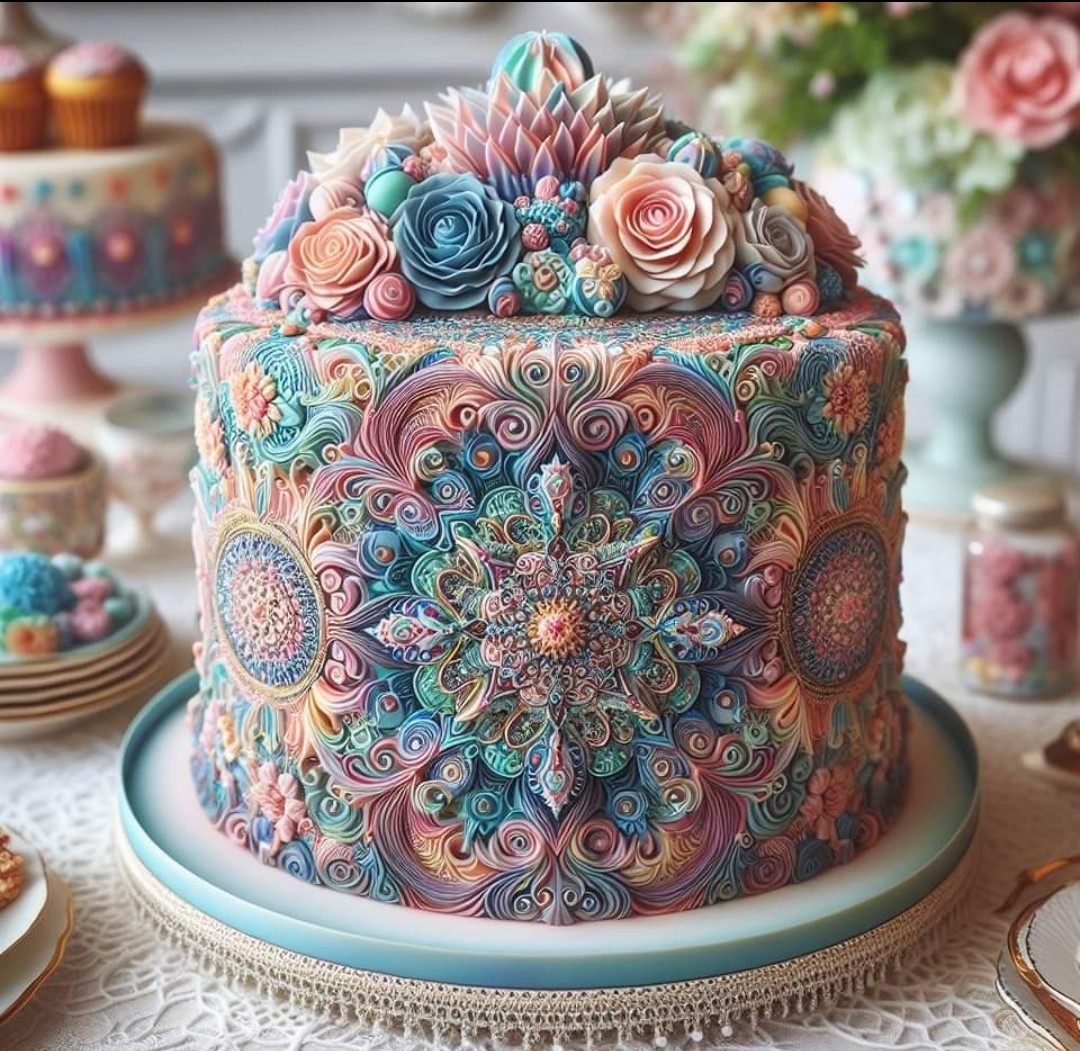 Intricately decorated pastel cake with floral and mandala icing designs on a cake stand