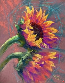 Pastel painting of two colorful sunflowers with yellow and orange petals on a reddish-brown background