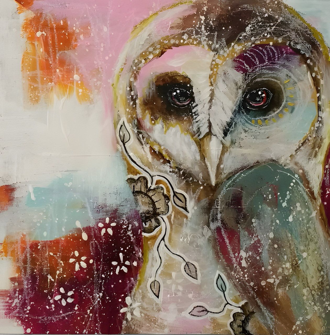 Abstract painting of a barn owl with soft pink, cream, and brown textures
