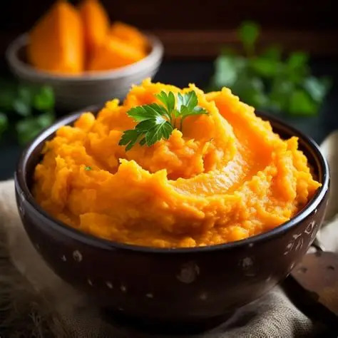 Bowl of creamy mashed sweet potatoes topped with fresh parsley leaves